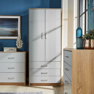 Home Source Stratford 2 Door 3 Drawer Bedroom Wardrobe Grey and Oak Effect