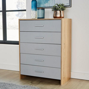 Home Source Stratford Chest of 5 Drawers Grey and Oak Effect