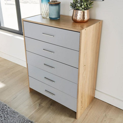 Home Source Stratford Chest of 5 Drawers Grey and Oak Effect