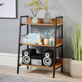 Home Source Urban Low 3 Tier Ladder Bookcase Shelving Storage Black and Rustic Wood Effect