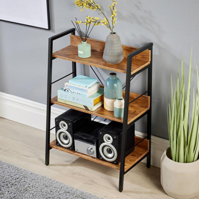 Home Source Urban Low 3 Tier Ladder Bookcase Shelving Storage Black and Rustic Wood Effect