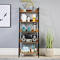 Home Source Urban Narrow 5 Tier Ladder Bookcase Shelving Storage Black and Rustic Wood Effect