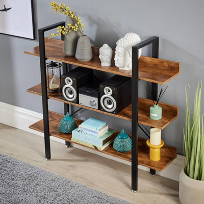 Home Source Urban Wide 3 Tier Bookcase Shelving Storage Unit Black and Rustic Wood Effect