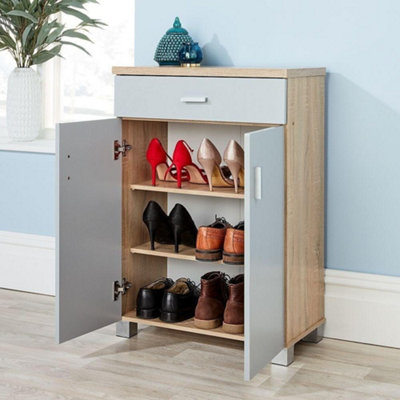 Home Source Venetia 2 Door 1 Drawer Shoe Storage Cabinet Unit Grey and Oak Effect