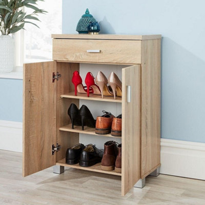 Home Source Venetia 2 Door 1 Drawer Shoe Storage Cabinet Unit Oak Effect