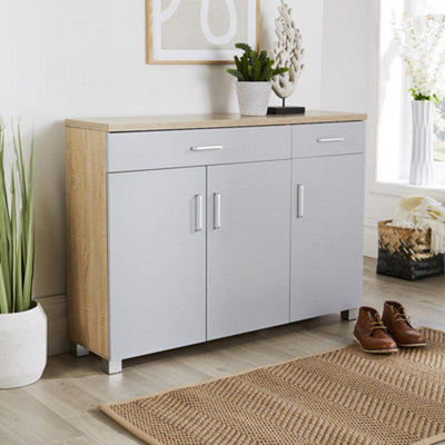 Home Source Venetia 3 Door 2 Drawer Large Hallway Shoe Storage Cupboard Unit Grey and Oak