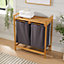 Home Source Walton Bamboo Laundry Basket with 2 Grey Fabric Compartments Storage Unit