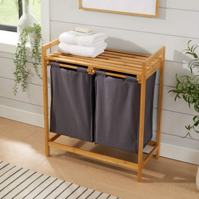 Home Source Walton Bamboo Laundry Basket with 2 Grey Fabric