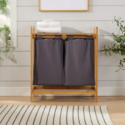 Home Source Walton Bamboo Laundry Basket with 2 Grey Fabric Compartments Storage Unit