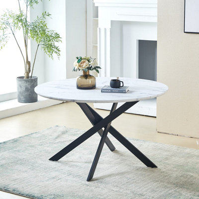 Home Touch Modern Marble Effect Round Dining Table 120cm Kitchen Table with Strong Metal Nested Legs for Dining Room