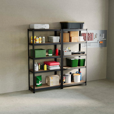 Home Vida 5 Tier Black Heavy Duty Adjustable Steel Garage Shelving Unit (H)1500mm (W)700mm - 875kg Weight Capacity (Set of 2)
