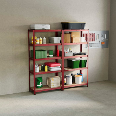 Home Vida 5 Tier Large Red Heavy Duty Steel Garage Shelving Unit - (H)1800mm (W)900mm - 875kg Weight Capacity (Set of 2)