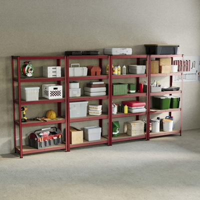 Home Vida 5 Tier Large Red Heavy Duty Steel Garage Shelving Unit - (H)1800mm (W)900mm - 875kg Weight Capacity (Set of 4)