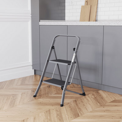 Home Vida Grey 2 Step Ladder With Anti-Slip Mat Foldable Stool (H) 83 x ...