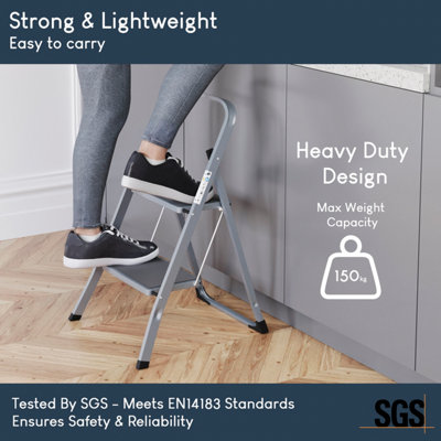 Home Vida Grey 2 Step Ladder With Anti-Slip Mat Foldable Stool (H) 83 x ...