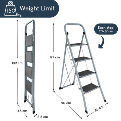 Home Vida Grey 4 Step Ladder With Anti-Slip Mat Foldable Stool (H) 127 ...