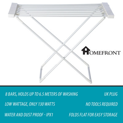 Homefront Electric Heated Clothes Horse Rail Airer Dryer 130W - Indoor Portable Free Standing - Energy Efficient, Low Energy