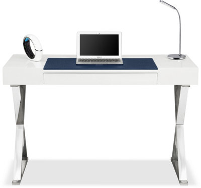 Homeology ADONIS White with Built-In Luxury Dark Blue Leather Pad Ergonomic Home Office Desk