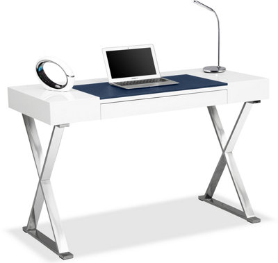 Homeology ADONIS White with Built-In Luxury Dark Blue Leather Pad Ergonomic Home Office Desk