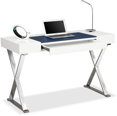 Homeology ADONIS White with Built-In Luxury Dark Blue Leather Pad Ergonomic Home Office Desk