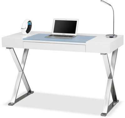 Homeology ADONIS White with Built-In Luxury Light Blue Leather Pad Ergonomic Home Office Desk