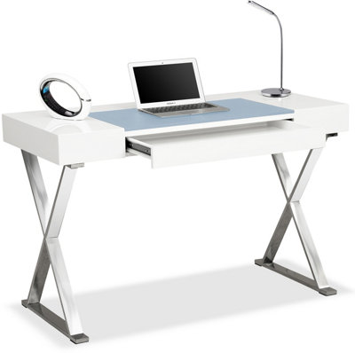 Homeology ADONIS White with Built-In Luxury Light Blue Leather Pad Ergonomic Home Office Desk