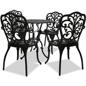 Homeology BANGUI Black Luxurious Garden and Patio Table and 4 Large Chairs with Armrests Cast Aluminium Bistro Set