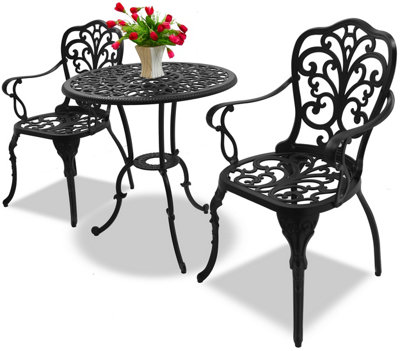 Homeology BANGUI Black Outdoor Garden Patio Table and 2 Large Chairs with Armrests Cast Aluminium Bistro Set