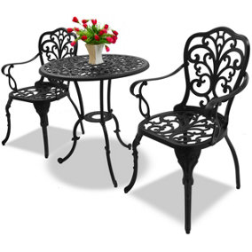Homeology BANGUI Black Outdoor Garden Patio Table and 2 Large Chairs with Armrests Cast Aluminium Bistro Set