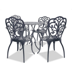 Homeology BANGUI Grey Luxurious Garden and Patio Table and 4 Large Chairs with Armrests Cast Aluminium Bistro Set