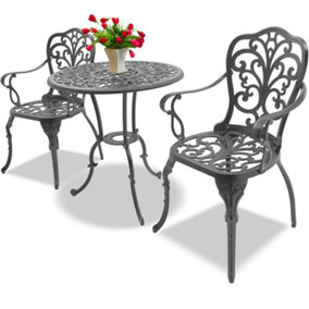 Homeology BANGUI Grey Luxurious Outdoor Garden Patio Table and 2 Large Chairs with Armrests Cast Aluminium Bistro Set