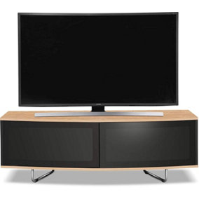 Homeology Caru Gloss Black and Oak Beam-Thru Remote Friendly Super-Contemporary "D" Shape Design up to 65" LED/OLED/LCD TV Cabinet