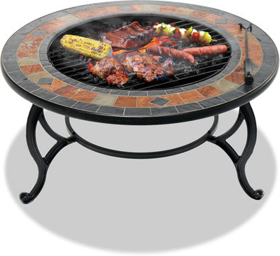 Homeology Fireology LANIAKA Lavish Garden Fire Pit Brazier, Coffee Table, Barbecue and Ice Bucket with Slate Tiles