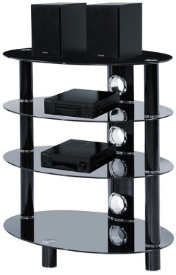 Homeology HALIGON 4-Shelf Oval Premium Gloss Black Glass with Black Legs AV Rack