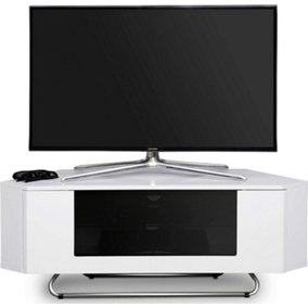 Homeology Hampshire Corner-Friendly Gloss White with Black Glass Beam-Thru Remote Friendly Door up to 50" Flat Screen TV Cabinet