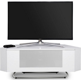 Homeology Hampshire Corner-Friendly Gloss White with White Glass Beam-Thru Remote Friendly Door up to 50" Flat Screen TV Cabinet