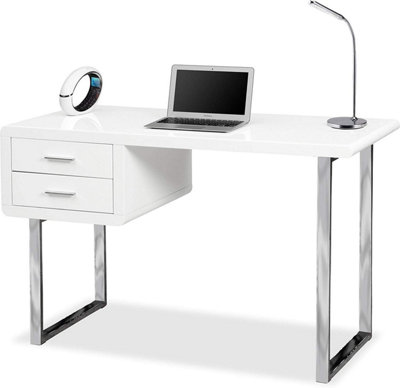 Homeology HARMONIA Gloss White with Chrome legs 2-Drawer Contemporary Home Office Luxury Computer Desk