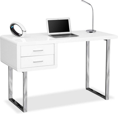 Homeology HARMONIA Gloss White with Chrome legs 2-Drawer Contemporary Home Office Luxury Computer Desk