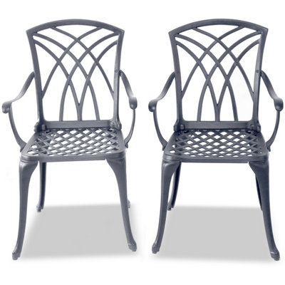 Homeology Oshowa 2-Large Garden and Patio Bistro Chairs with Armrests in Cast Aluminium Grey