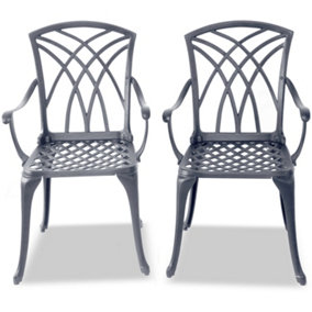 Homeology Oshowa 2-Large Garden and Patio Bistro Chairs with Armrests in Cast Aluminium Grey