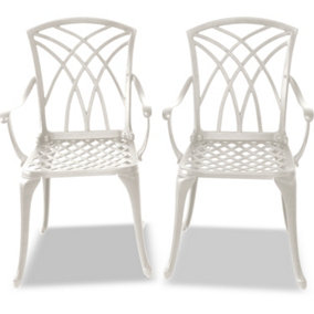 Homeology Oshowa 2-Large Garden and Patio Bistro Chairs with Armrests in Cast Aluminium White