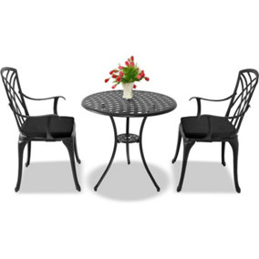 Homeology OSHOWA Black Aluminium Weatherproof Outdoor Table and 2 Chairs with Armrests Bistro Set with Black Cushions