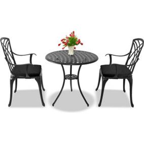 Homeology OSHOWA Black Aluminium Weatherproof Outdoor Table and 2 Comfortable Chairs with Armrests Bistro Set with Black Cushions