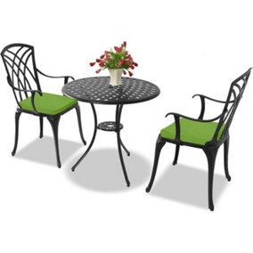 Homeology OSHOWA Black Aluminium Weatherproof Outdoor Table and 2 Comfortable Chairs with Armrests Bistro Set with Green Cushions