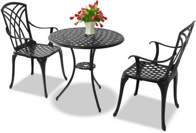 Homeology OSHOWA Black Cast Aluminium Weatherproof Outdoor Garden Table with 2 Chairs Bistro Set