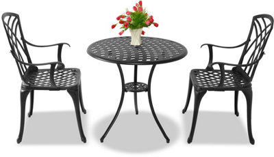 Homeology OSHOWA Black Cast Aluminium Weatherproof Outdoor Garden Table with 2 Chairs Bistro Set