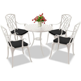 Homeology OSHOWA Garden and Patio Table and 4 Large Chairs Bistro Set - White with Black Cushions