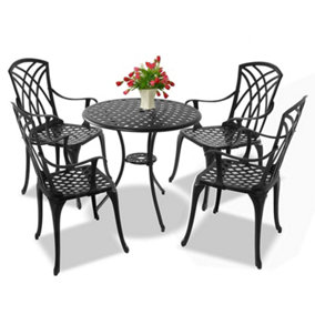 Homeology OSHOWA Garden and Patio Table and 4 Large Chairs with Armrests Cast Aluminium Bistro Set Black