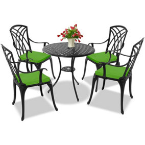 Homeology OSHOWA Garden and Patio Table and 4 Large Chairs with Armrests Cast Aluminium Bistro Set - Green cushions
