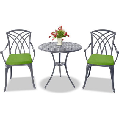 Homeology OSHOWA Grey Aluminium Weatherproof Outdoor Table and 2 Chairs with Armrests Bistro Set with Green Cushions
